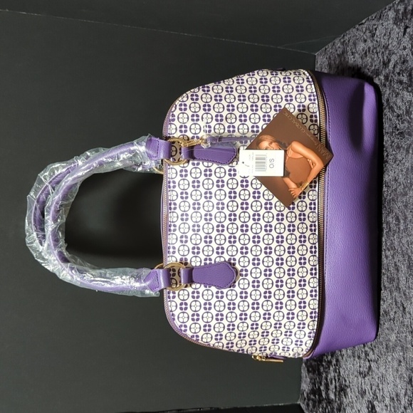IMAN Global Chic Logo Print Dome Satchel Cosmetic Case Purple Logo - New - Picture 7 of 8